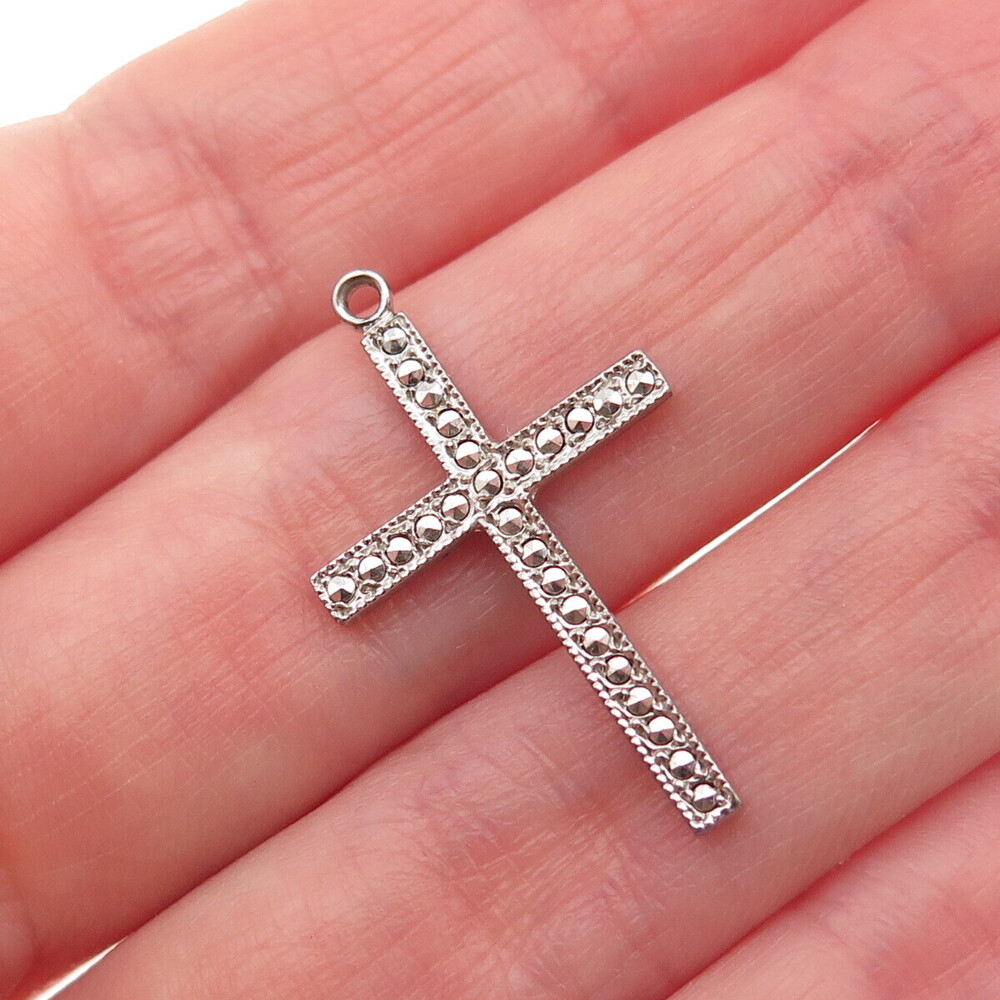 THEDA 925 Sterling Silver Antique Art Deco Real Marcasite Cross Charm Pendant